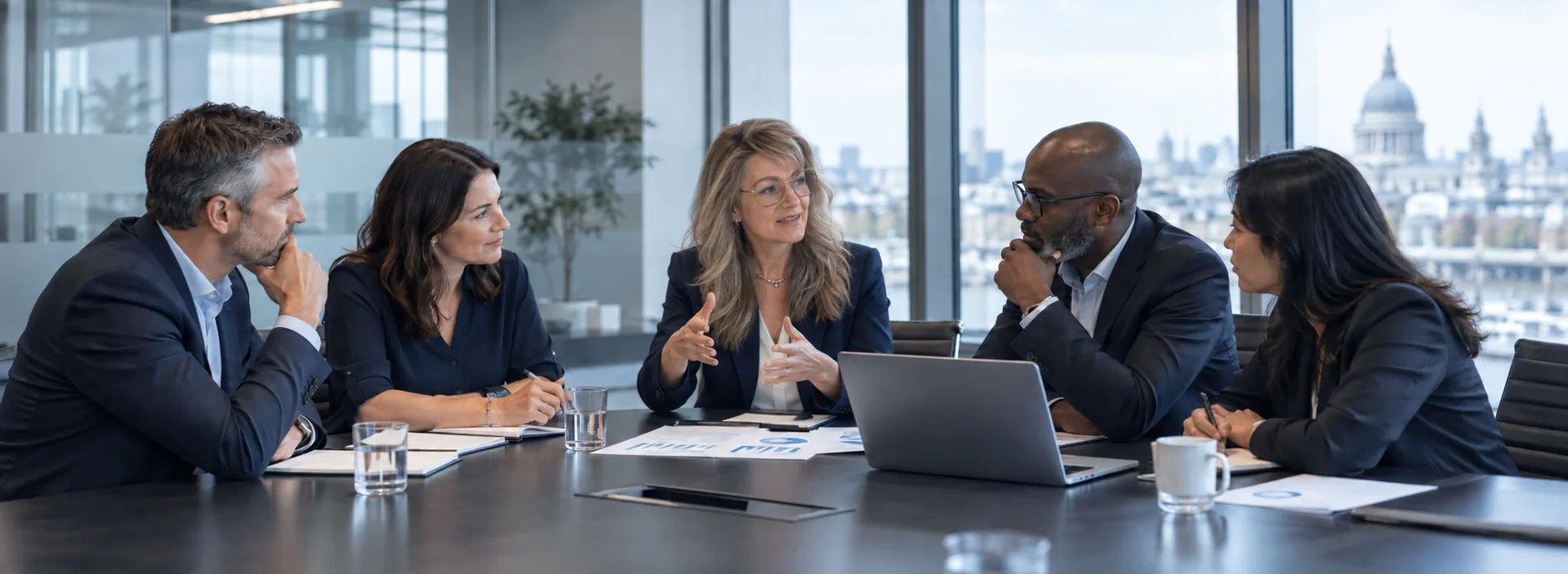 Business leaders discussing revenue strategy around a meeting table